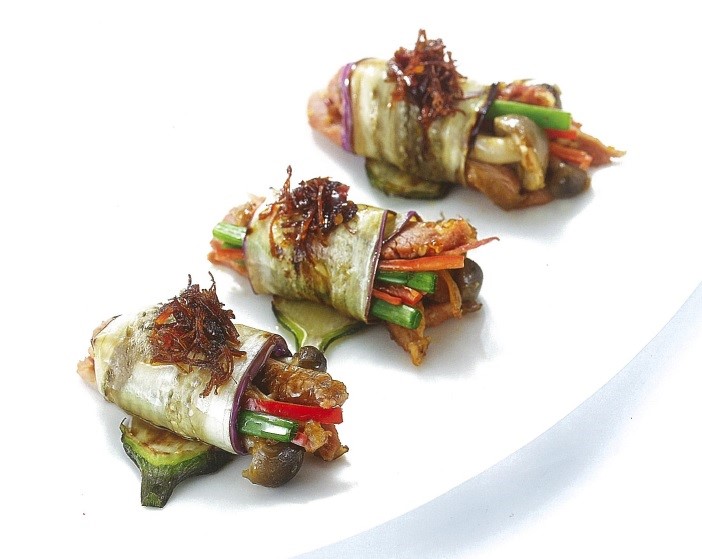 Stir Fried XO U.S. Duck Wrapped in Grilled Eggplant USAPEEC ASEAN
